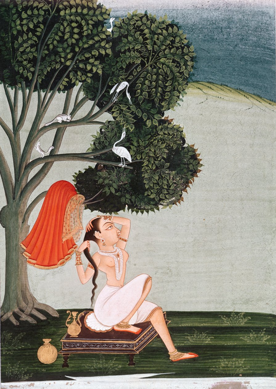 Indische Dame bei ihrer Toilette, die ihr Haar frisiert von Indian School