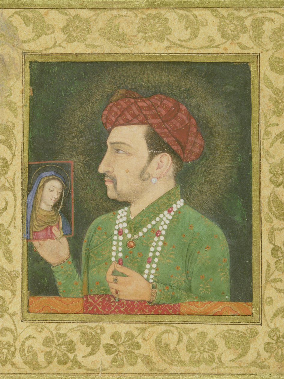 Jahangir hält ein Bild der Madonna, persische Inschrift: Janhangir Shah, Mughal von Indian School