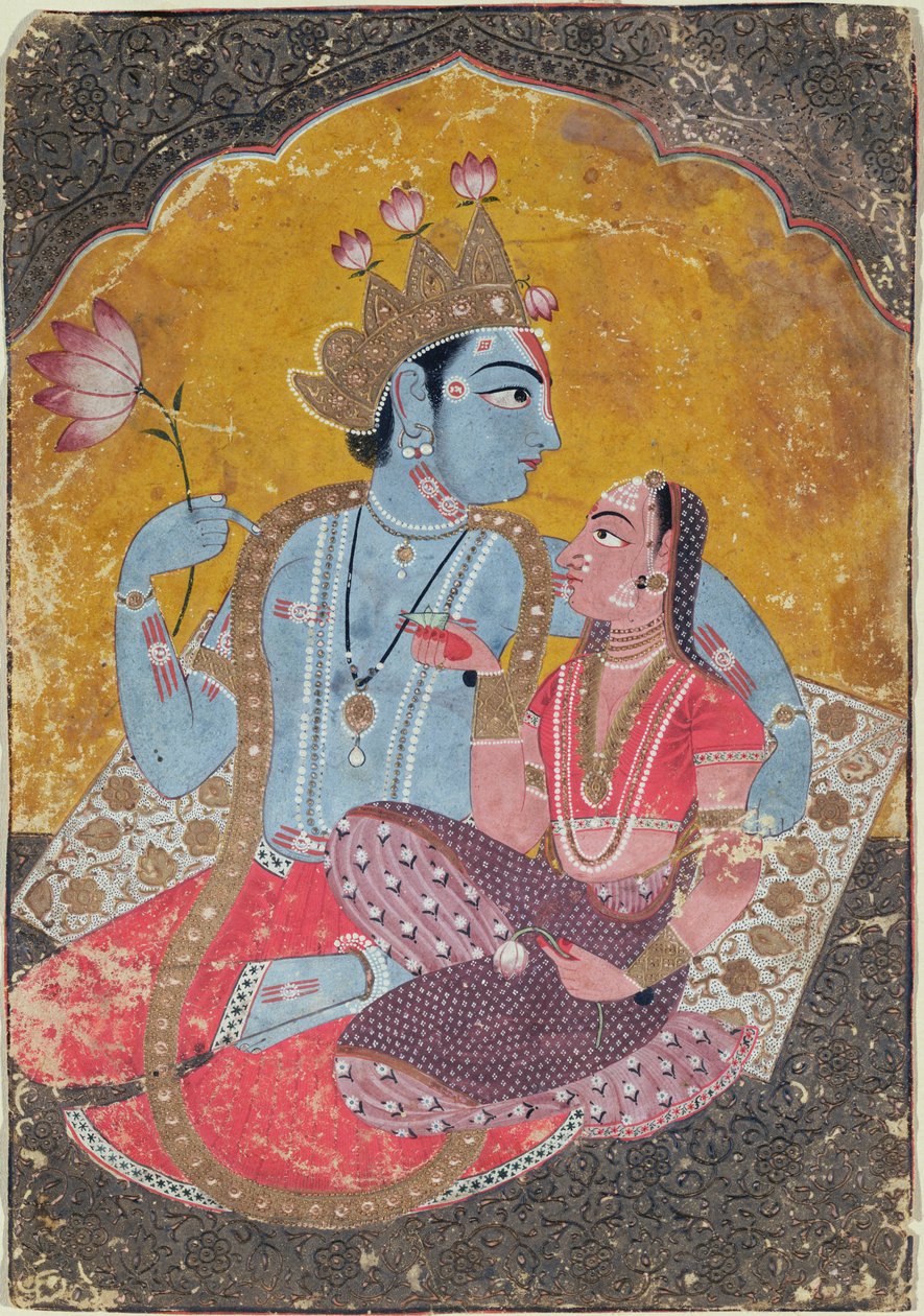 Krishna und Radha (ca. 1690-1700) (deckende Wasserfarben mit geprägtem Gold auf Papier) von Indian School