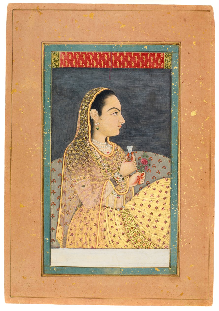 Dame mit einer Tasse und einer Blume, frühes 18. Jahrhundert von Indian School