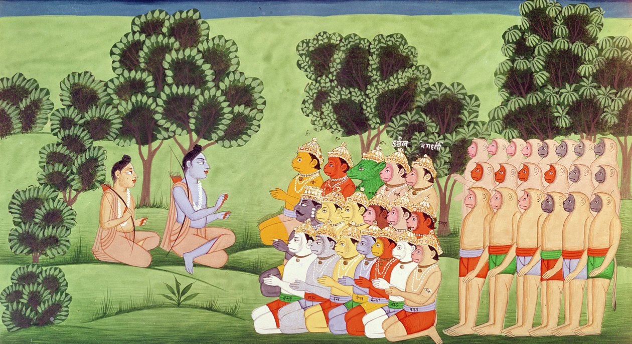 Lakshmana berät die Anführer der Affenarmeen, aus dem Ramayana von Indian School
