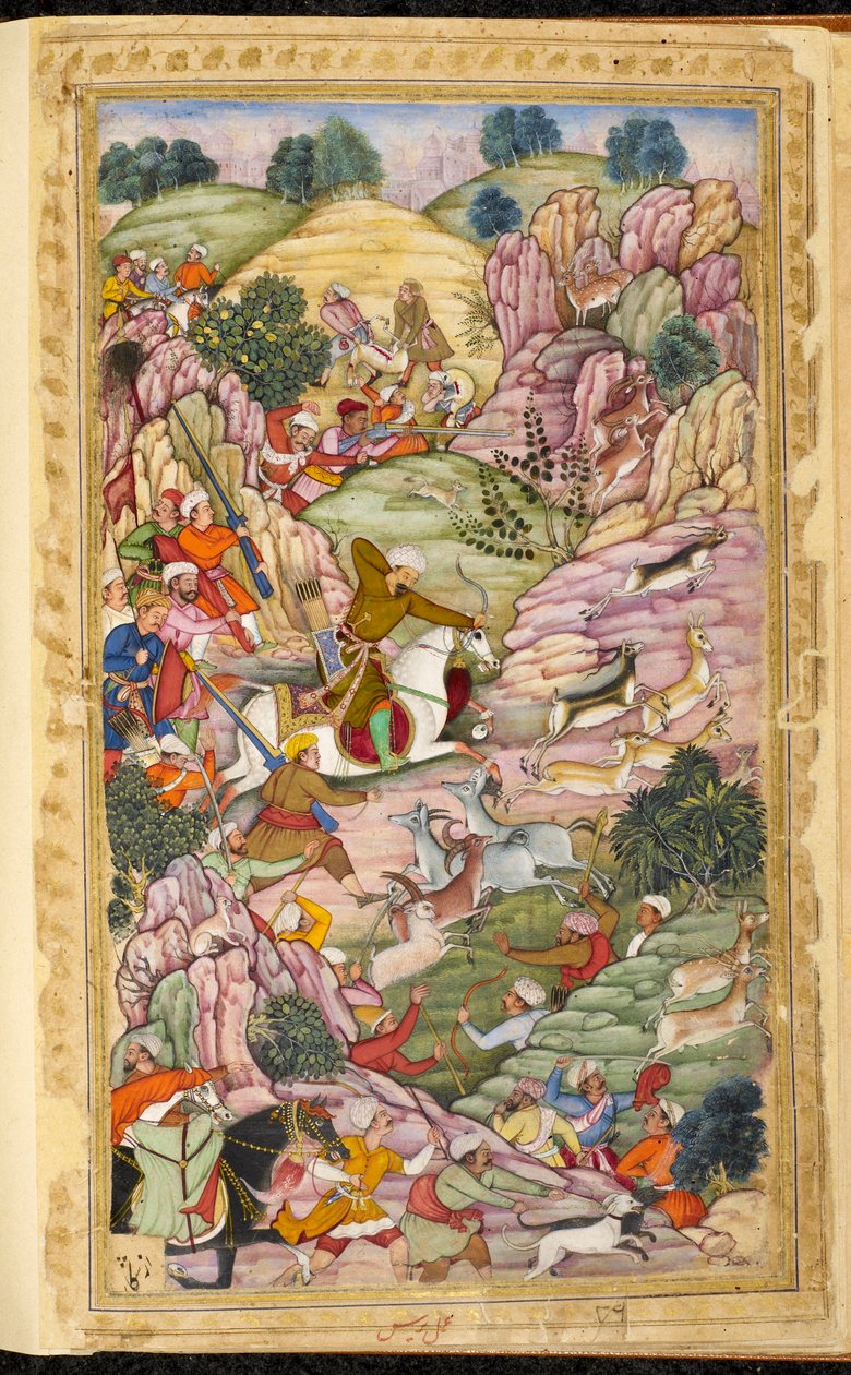 Der Kaiser Babur auf der Jagd, zwischen Ali Shang und Alangar, in der Region Kabul (Afghanistan). Miniatur aus dem persischen Manuskript Vaqi at i Baburi, Memoiren des Mogulkaisers Babur (Zahir ud din Muhammad) (1483-1530), Indien, um 1590. Die British Lib von Indian School