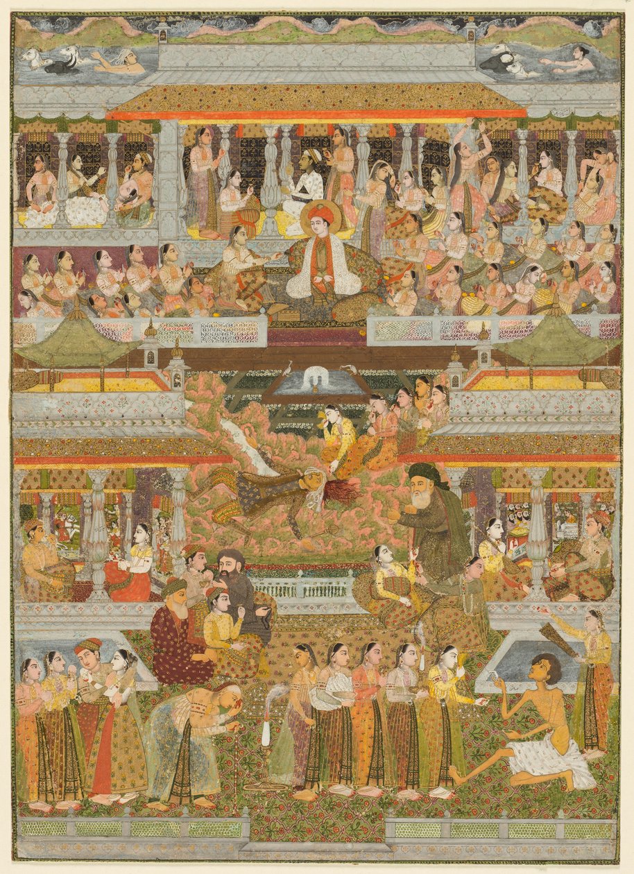 Liebende und Geliebte: Eine Komposition von Szenen aus persischer, urdu und sanskrit Literatur, ca. 1735 von Indian School