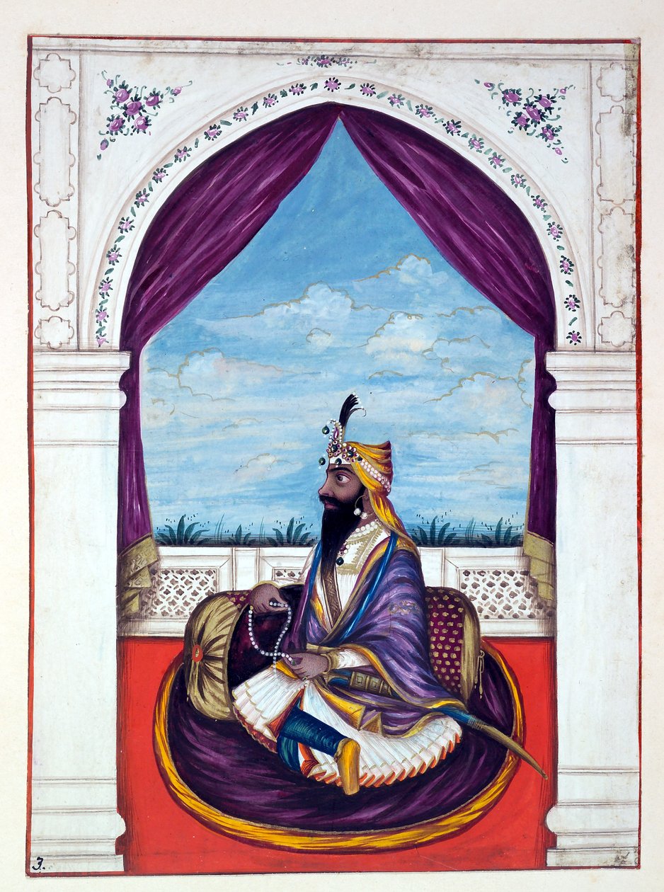 Maharajah Karak Singh, aus Das Königreich Punjab, seine Herrscher und Häuptlinge, Band I, ein Band mit 27 Aquarellstudien eines unbekannten indischen Künstlers, ca. 1840 von Indian School
