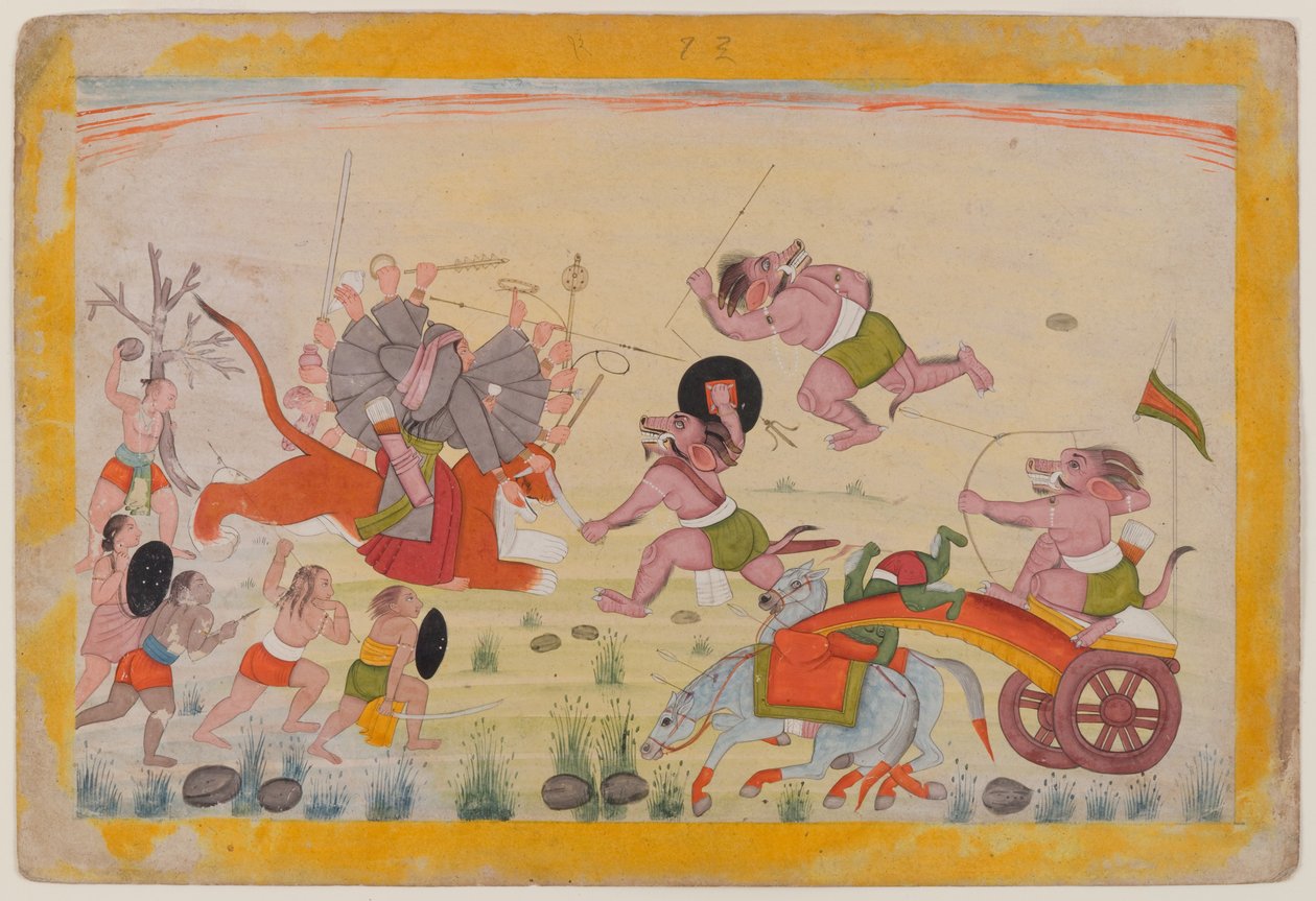 Mahasura greift die Devi an, Folio aus einer verstreuten Devi Mahatmya Serie, ca. 1770-80 von Indian School