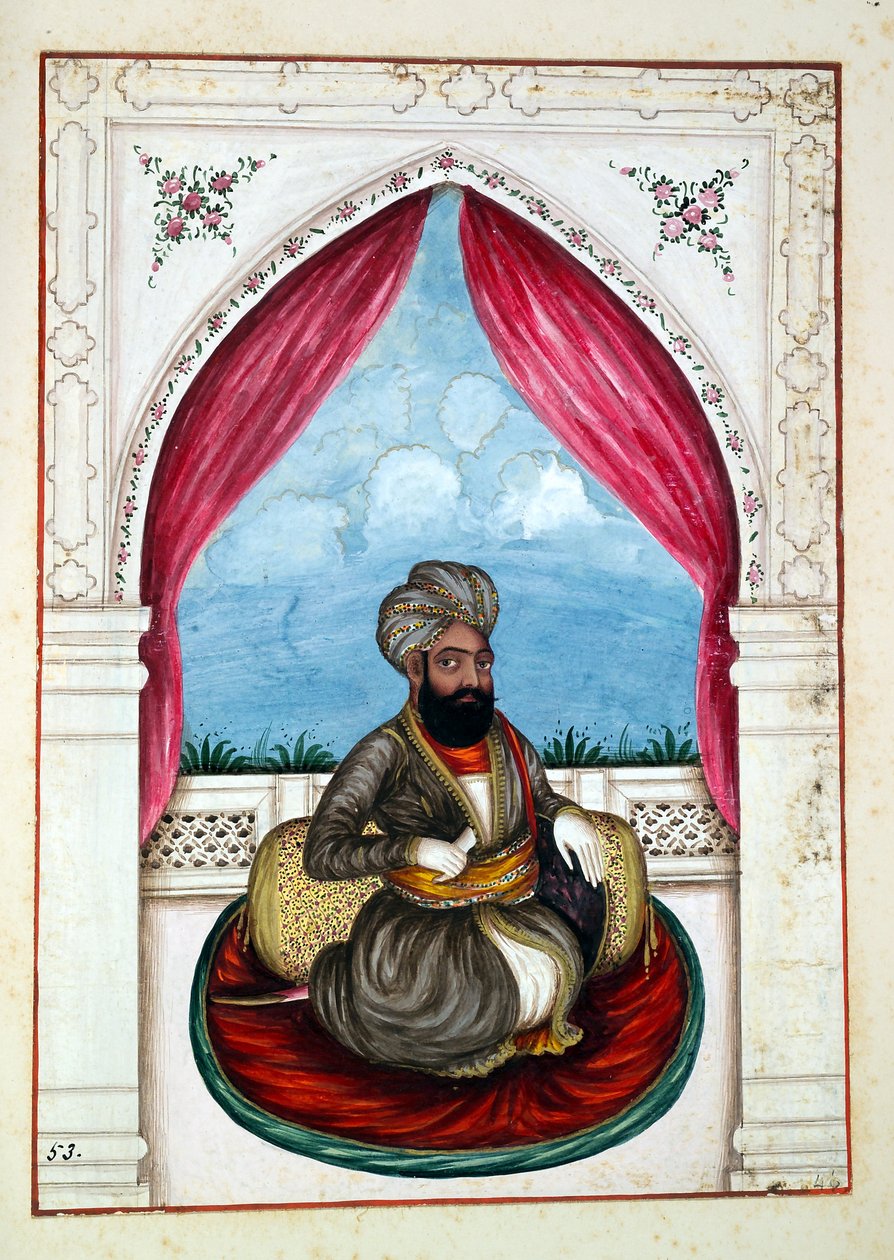 Nawab Mohammad Akhbar Khan, aus Das Königreich Punjab, seine Herrscher und Häuptlinge, Band II, ein Band mit 30 Aquarellstudien eines unbekannten indischen Künstlers, ca. 1840 von Indian School