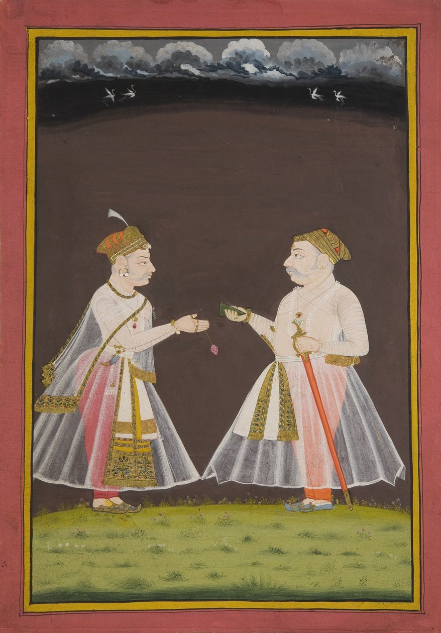 Wahrscheinlich ein Porträt von Rana Raj Singh von Udaipur (1661-81), der einem Adligen Pan anbietet, 1820 von Indian School