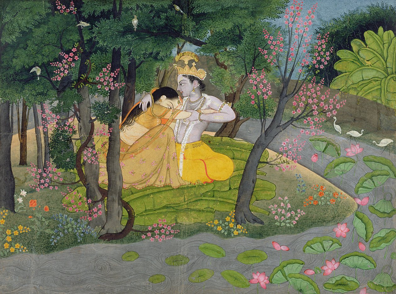 Radha und Krishna umarmen sich in einem Hain blühender Bäume, ca. 1780 von Indian School