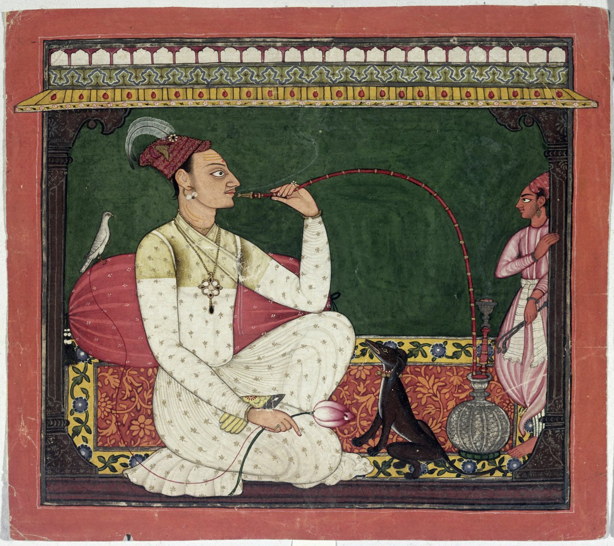Raja Medini Pal, auf der Rückseite in Takari-Schrift beschriftet, Basohli, Himachal Pradesh, Pahari-Schule, 1735 von Indian School