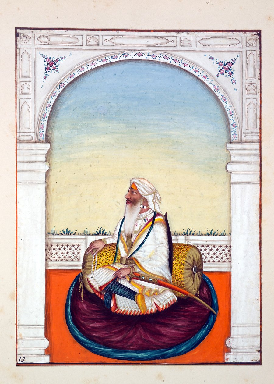 Rajah Iej Singh, aus Das Königreich Punjab, seine Herrscher und Häuptlinge, Band I, ein Band mit 27 Aquarellstudien eines unbekannten indischen Künstlers, ca. 1840 von Indian School