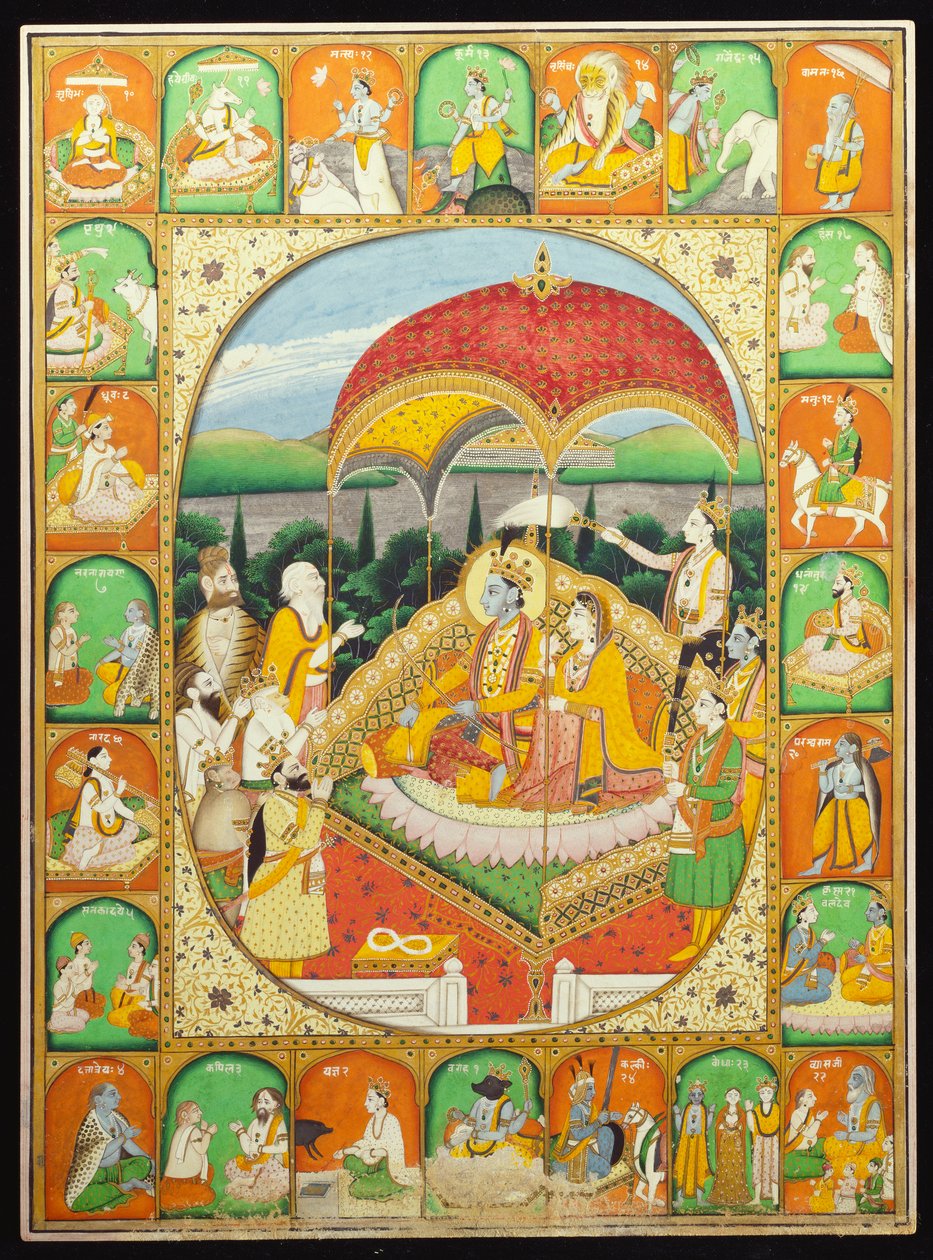 Rama und Sita auf dem Thron, verehrt von Shiva, Hanuman und anderen, 1800-20 von Indian School