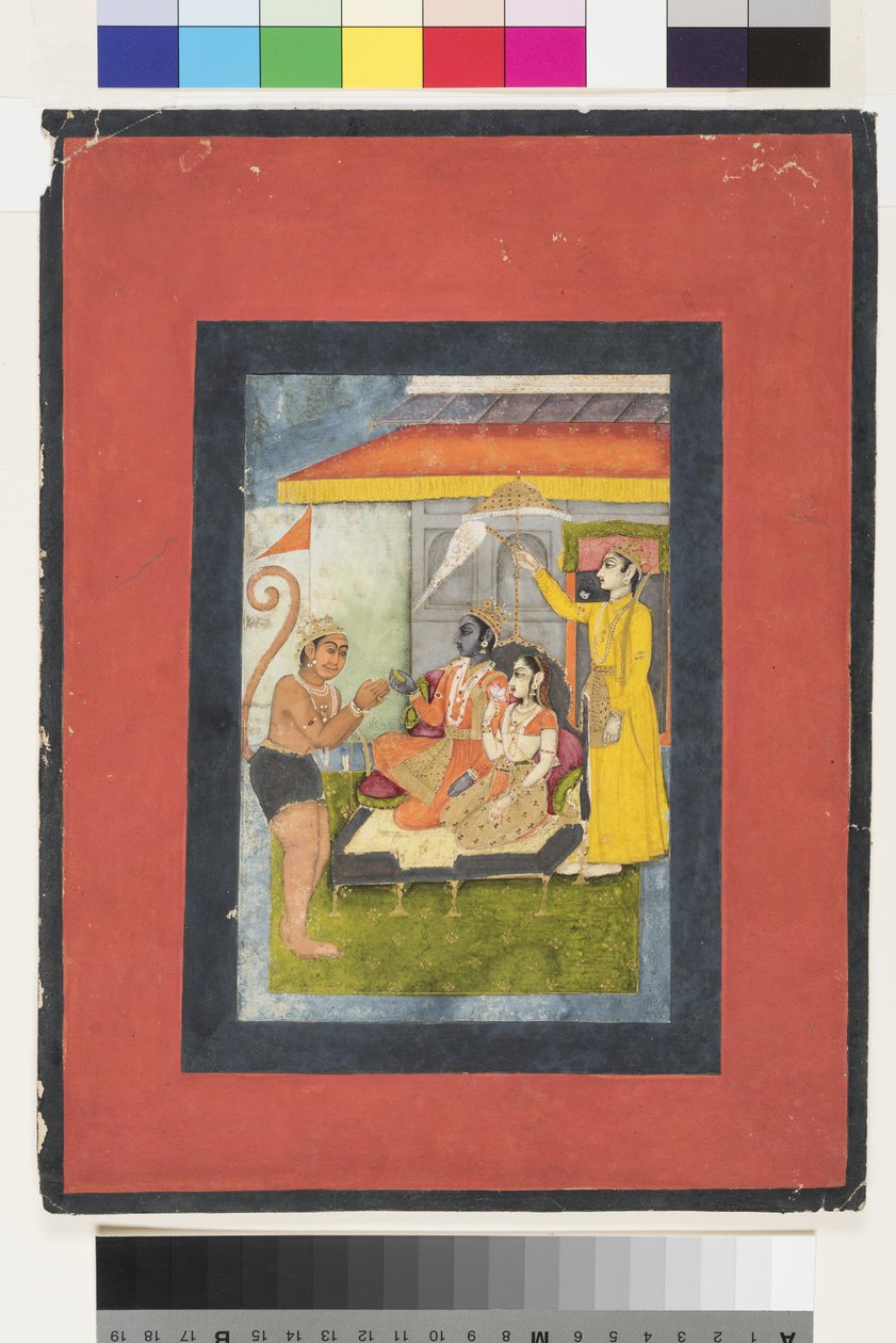 Rama und Sita auf dem Thron, verehrt von Hanuman; Lakshmana hält einen Morchal von Indian School