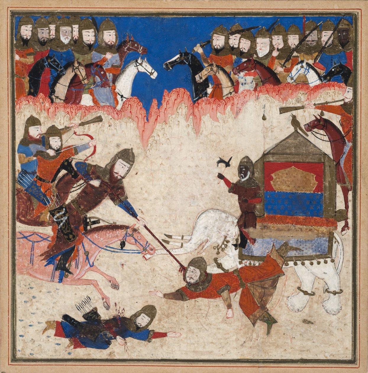 Rustam fängt den Khaqan von China mit einem Lasso und zieht ihn von seinem Elefanten, ca. 1450 von Indian School