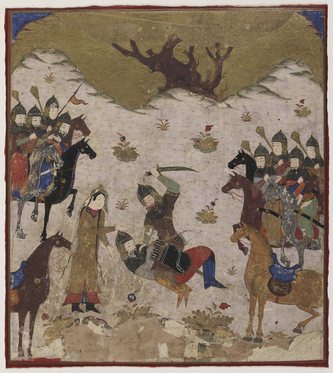 Shahru identifiziert Burzu als Rustams Enkel während des letzten Kampfes zwischen Rustam und Burzu, ca. 1425-50 von Indian School