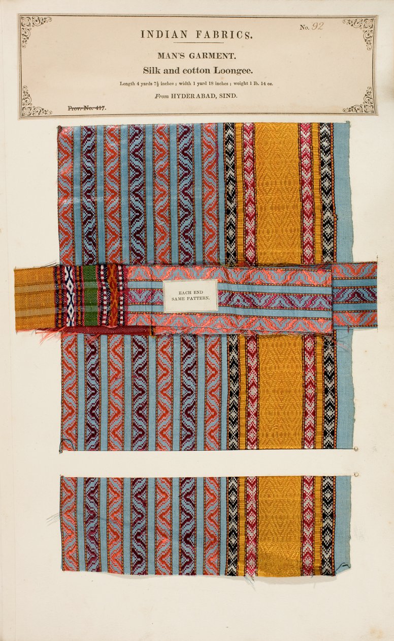 Seiden- und Baumwoll-Loongee-Probe aus Hyderabad in Sind, aus The Collection of the Textile Manufacturers of India, von John Forbes Watson, veröffentlicht 1866 von Indian School