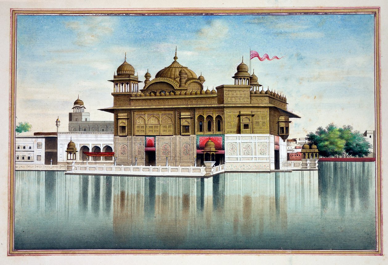 Der Goldene Tempel in Amritsar, aus Das Königreich Punjab, seine Herrscher und Häuptlinge, Band I, ein Band mit 27 Aquarellstudien eines unbekannten indischen Künstlers, ca. 1840 von Indian School