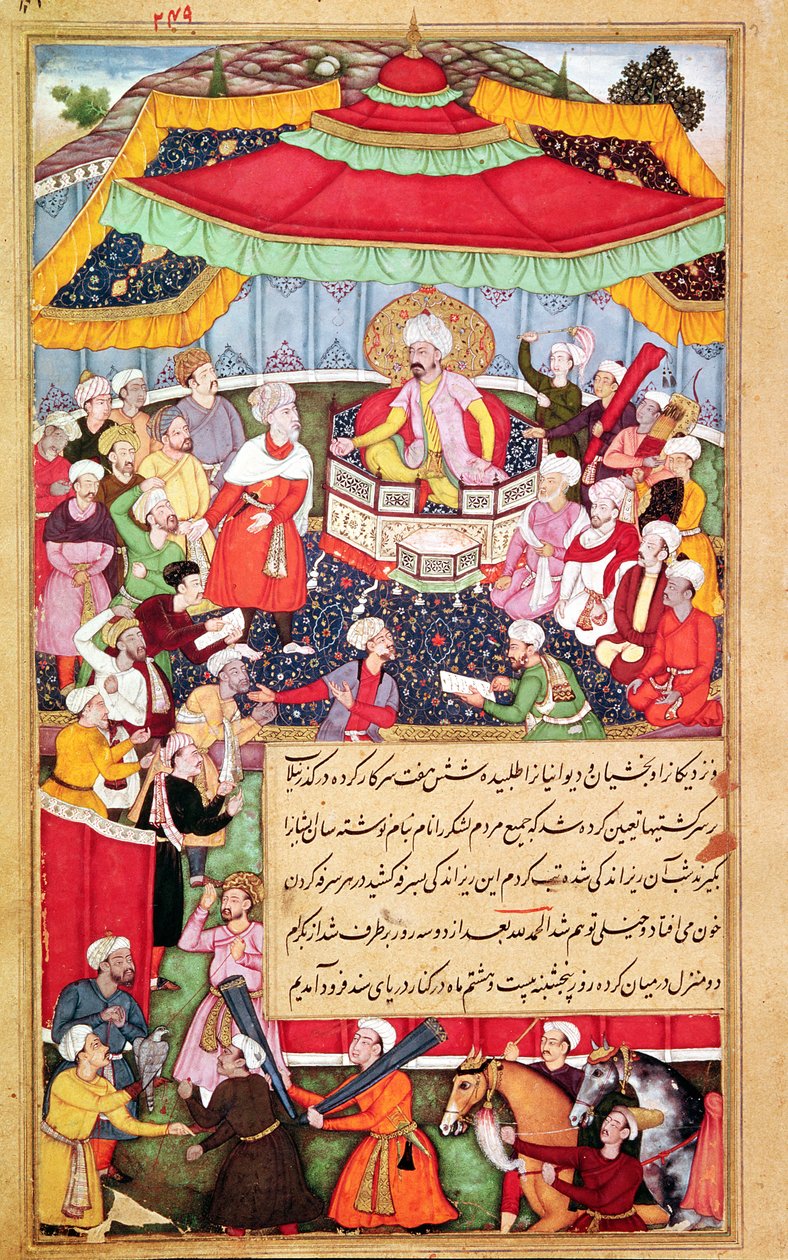 Der König auf seinem Thron umgeben von seinen Höflingen, aus dem Baburnama (Memoiren von Babur) 1530 von Indian School