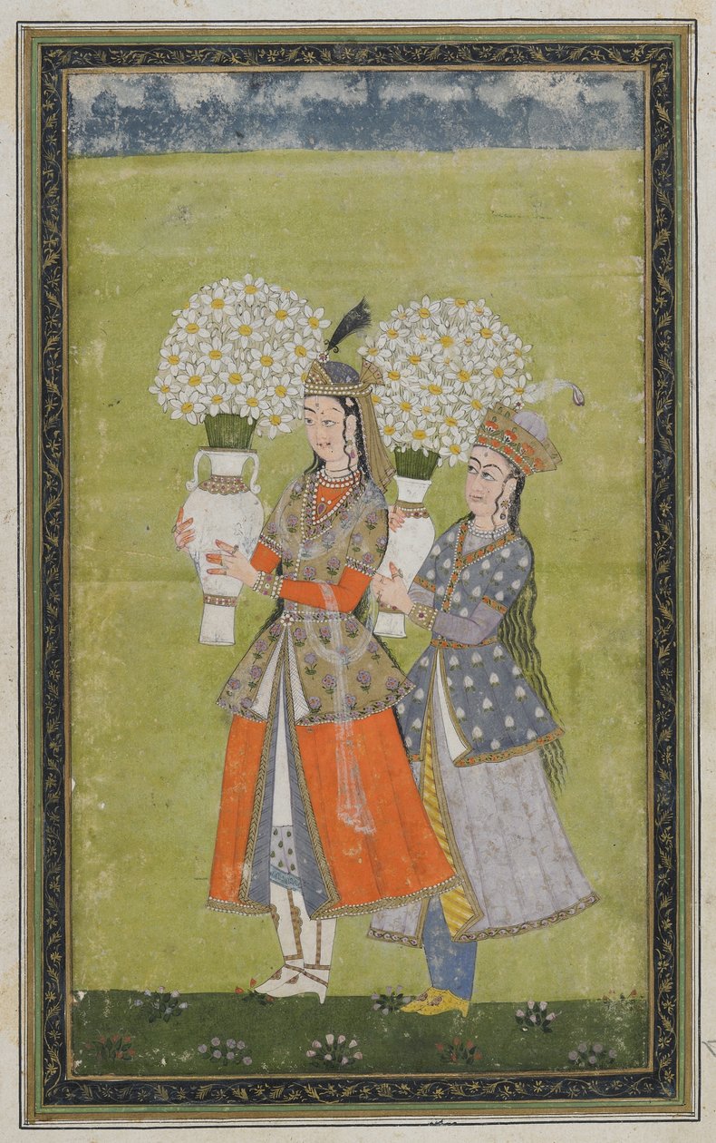 Zwei Damen tragen Blumen, abgelöstes Albumfolio mit Malerei, 19. Jahrhundert von Indian School