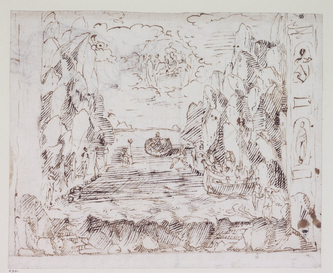 Der Triumph der Liebe durch Callopis, Entwurf für Szene II: Der Triumph des Meeres von Inigo Jones