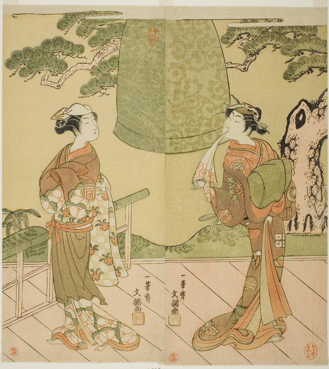 Die Schauspieler Ichimura Uzaemon IX als Shume no Hangan Morihisa (rechts) und Sanogawa Ichimatsu II als Chujo (links) im Stück Edo no Hana Wakayagi Soga, aufgeführt im Ichimura-Theater im zweiten Monat, 1769 von Ippitsusai Bunchō
