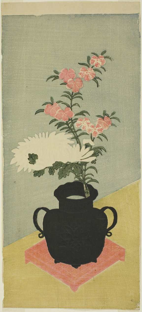 Weiße Chrysanthemen und Nelken in einer schwarzen Vase von Ippitsusai Bunchō