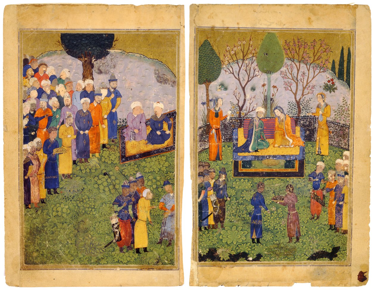 Ein fürstliches Paar mit Höflingen in einem Garten. Aus dem Shahnama Buch der Könige von Iranian Master