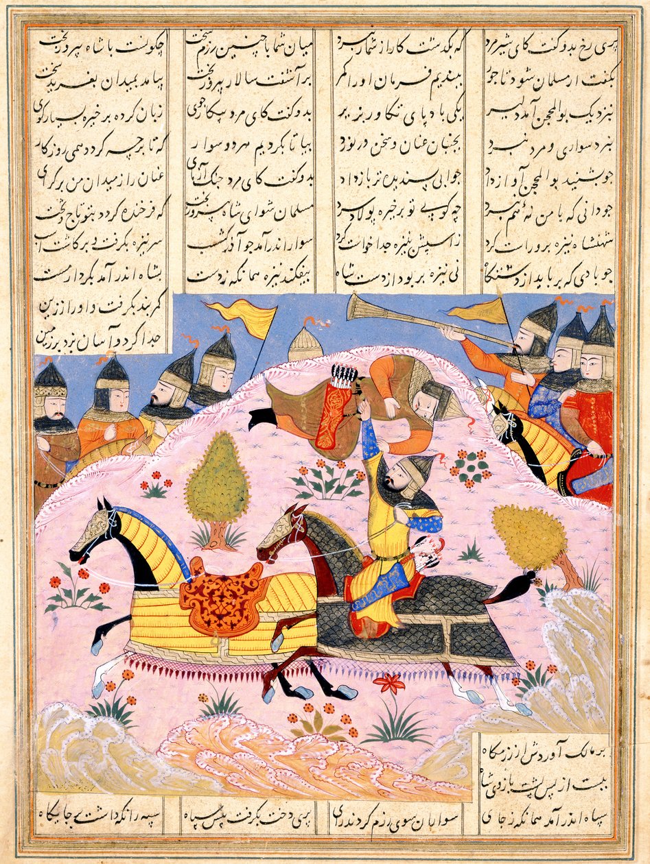 Malik hebt Abul Mihjan aus dem Sattel. Aus Khavarannama Das Buch des Ostens von ibn Husam al-D von Iranian Master
