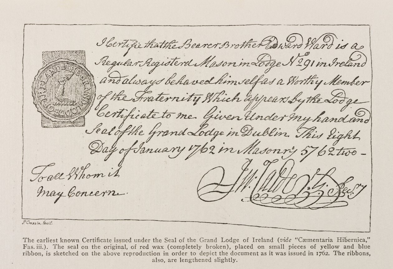 Faksimile des frühesten bekannten Zertifikats, ausgestellt unter dem Siegel der Großloge von Irland, datiert 1762 von Irish School