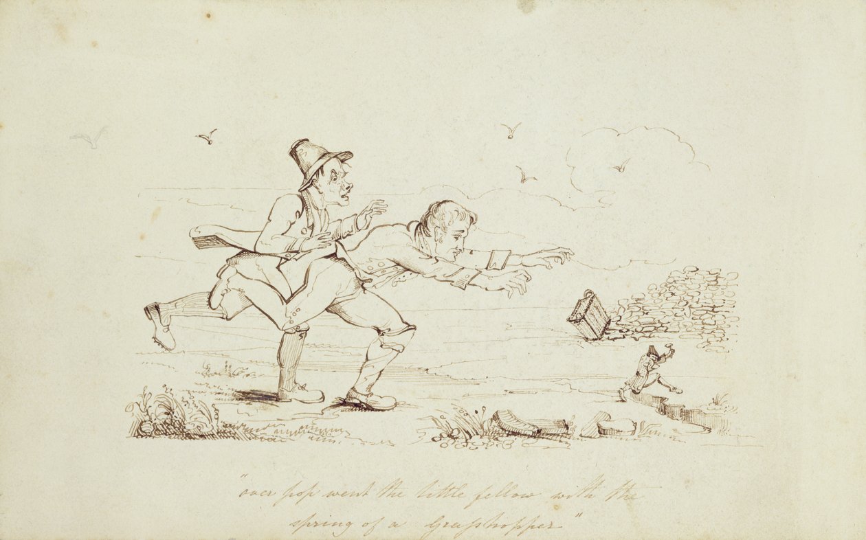 Über Pop ging der kleine Kerl mit dem Sprung eines Grashüpfers, Buchillustration zeigt zwei Iren, die einen Leprechaun jagen, 19. Jahrhundert (Feder und Tinte auf Papier) von Irish School