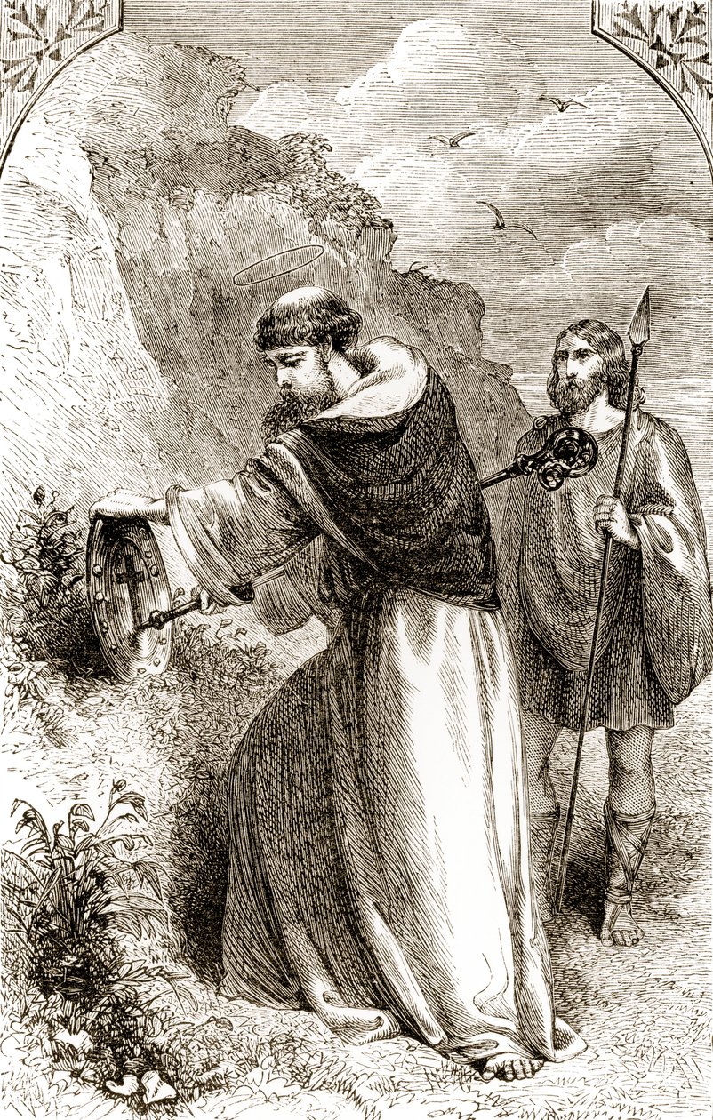 St. Patrick markiert Connals Schild mit dem Kreuz, aus The Trias Thaumaturga, oder Drei Wunderwirkende Heilige von Irland, von Mary Cusack (1829-99) veröffentlicht um 1890 von Irish School