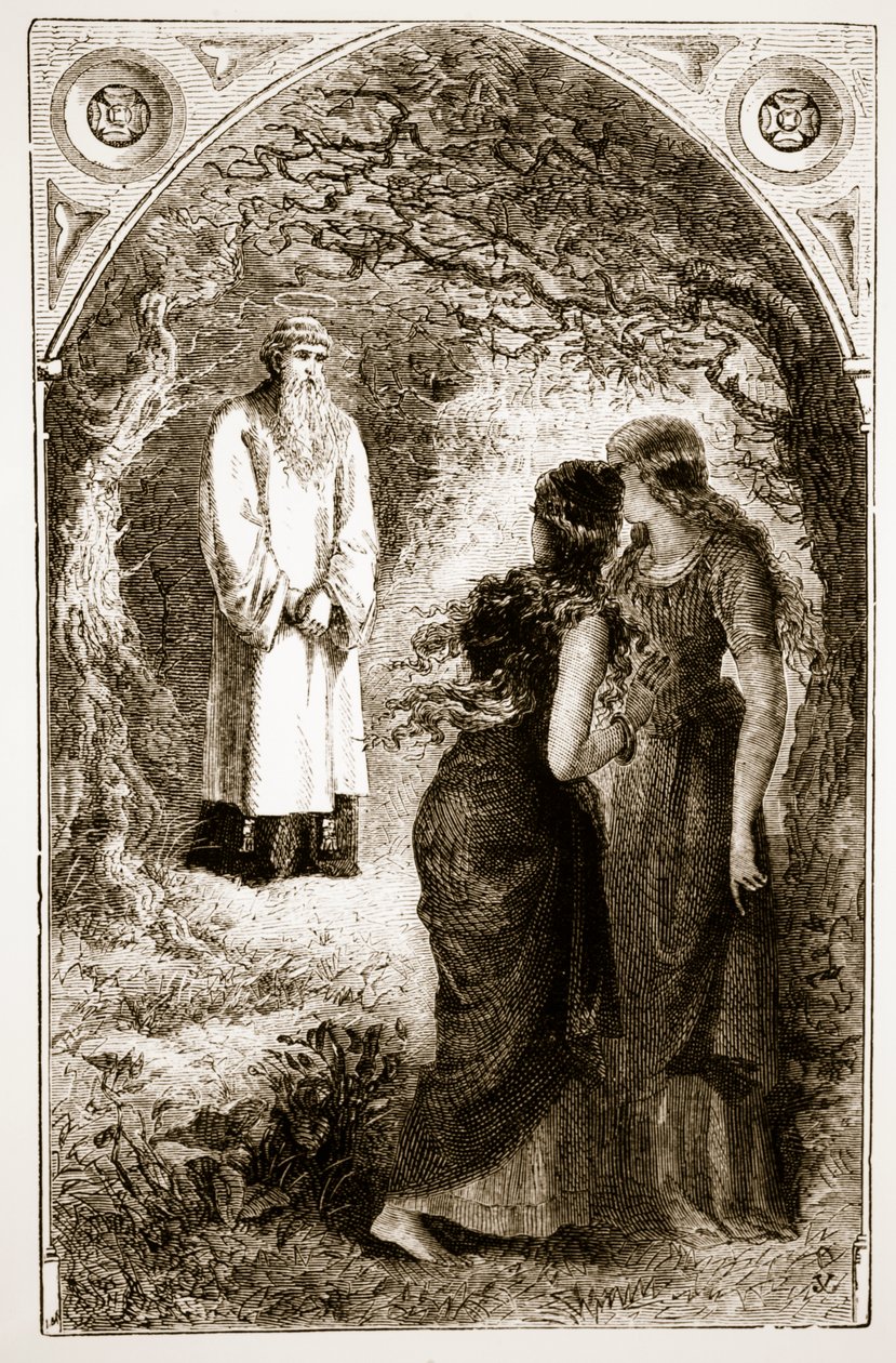 St. Patrick wird von Jungfrauen im Wald von Fochlut empfangen, aus The Trias Thaumaturga, oder Drei Wunder wirkende Heilige von Irland, von Mary Cusack (1829-99) veröffentlicht ca. 1890er Jahre von Irish School