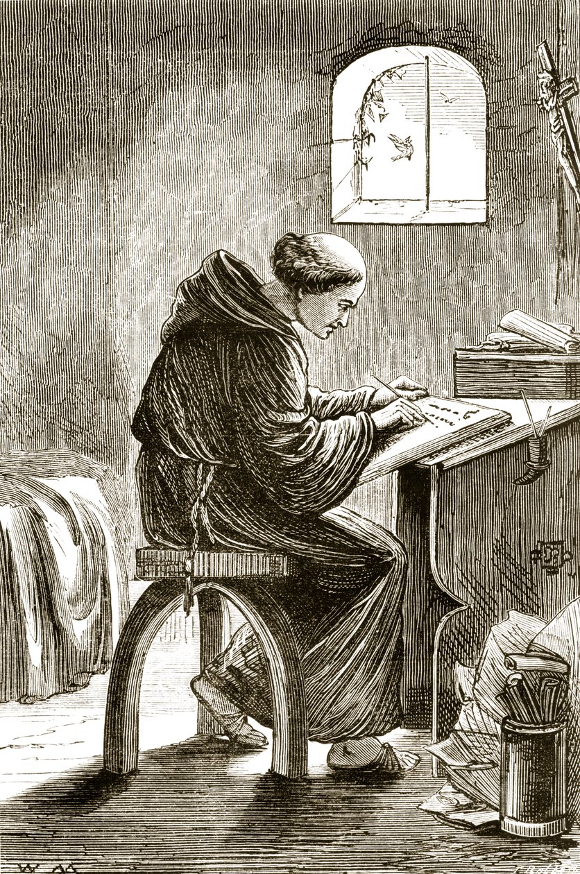 St. Vincent schreibt in seiner Zelle in Ferins, aus The Trias Thaumaturga, oder Drei Wunderwirkende Heilige von Irland, von Mary Cusack (1829-99) veröffentlicht um 1890 von Irish School