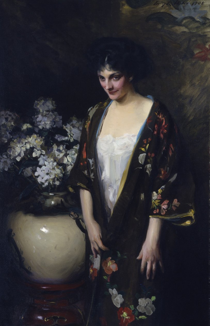 Brauner Kimono (Porträt von Kathryn Beta la Forque) von Irving R. Wiles
