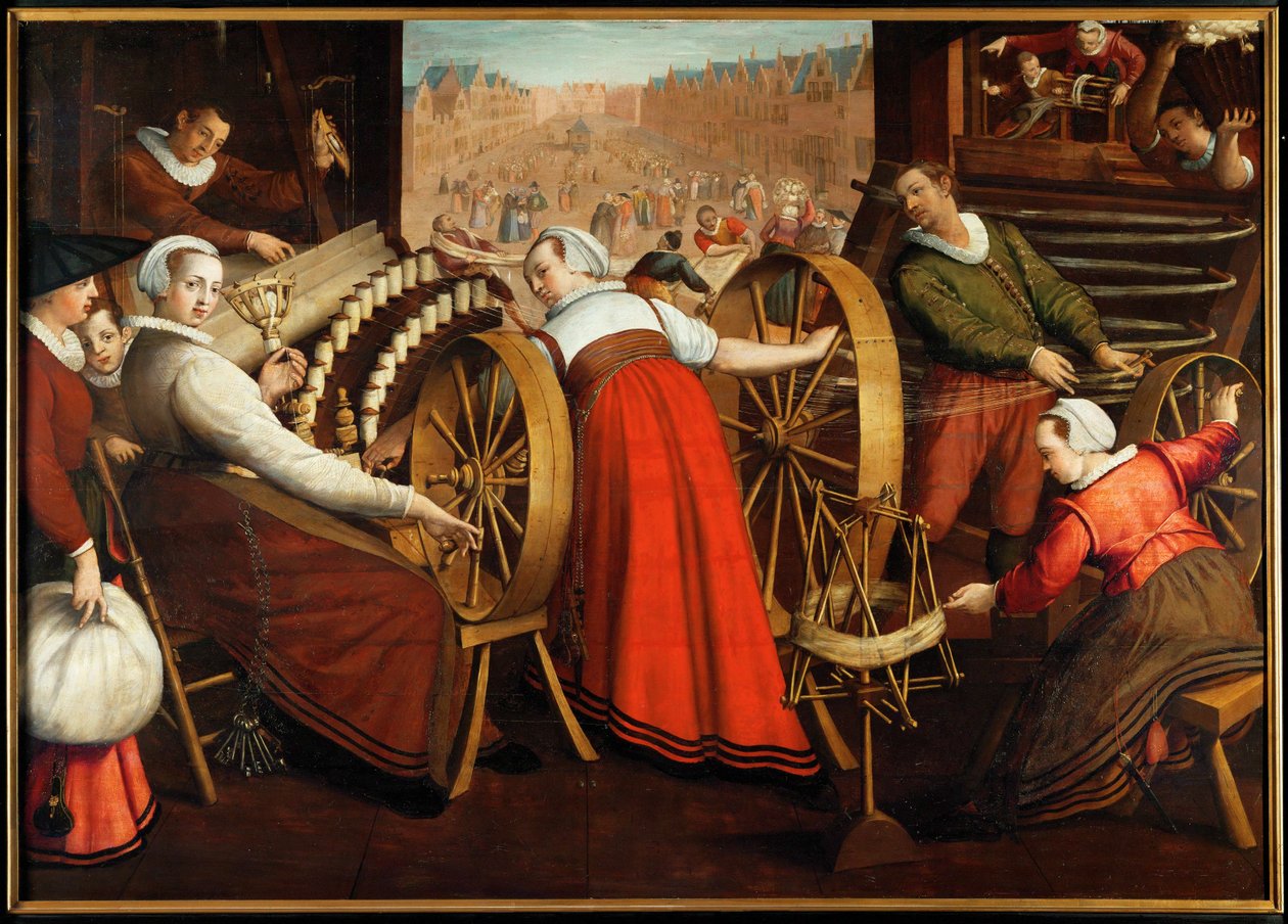 Arbeiter beim Spinnen und Weben von Wolle, um 1600 von Isaac Claesz Swanenburgh
