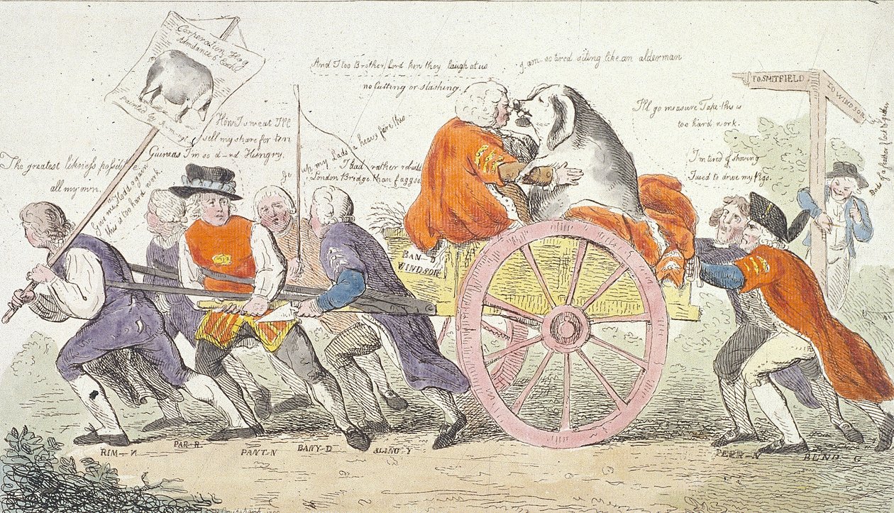 Die Reise des Corporation-Schweins nach Smithfield im Stil oder Aldermänner als Schweineaussteller (1790) von Isaac Cruikshank