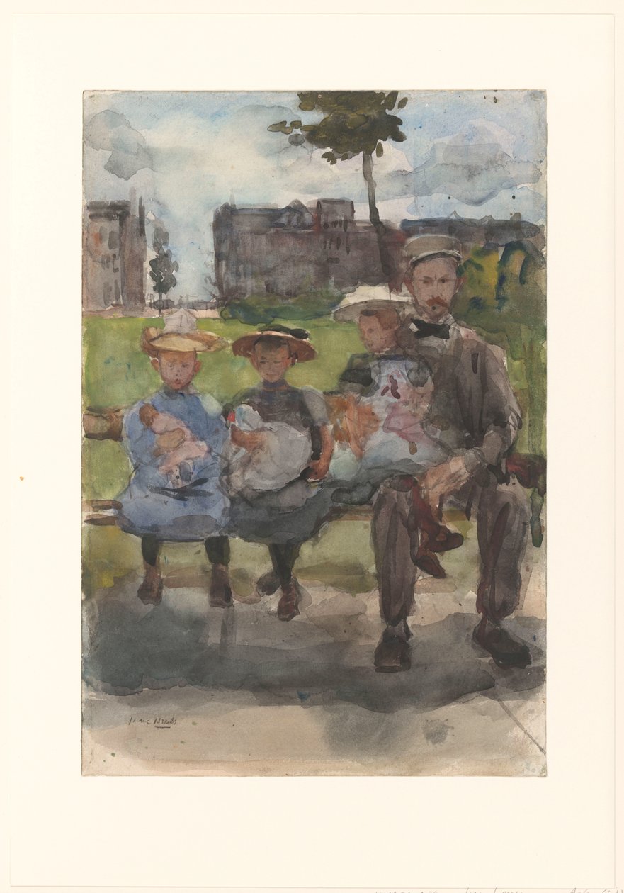 Ein Mann mit drei Mädchen auf einer Bank im Oosterpark in Amsterdam von Isaac Israels