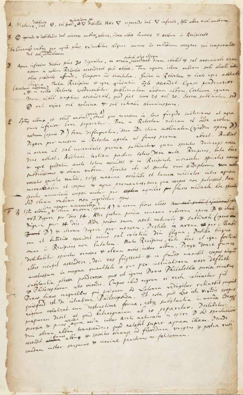 Aufzeichnung eines Experiments in sechs Stufen, beginnend mit Destillation, gefolgt von Verbrennung, weiterer Destillation, Dekoktion, Kalzination und Sublimation, ca. 1700 von Isaac Newton