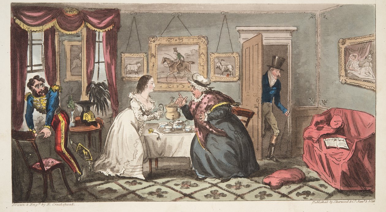 Ein Bad Beau und eine zerbrechliche Schönheit oder Mr. B. und Miss L., aus The English Spy von Isaac Robert Cruikshank