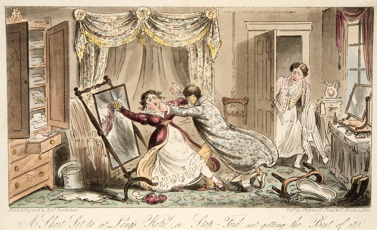 Ein kurzer Kampf im Longs Hotel oder Stop-Ford bekommt nicht das Beste davon, aus The English Spy, veröffentlicht 1824 von Isaac Robert Cruikshank