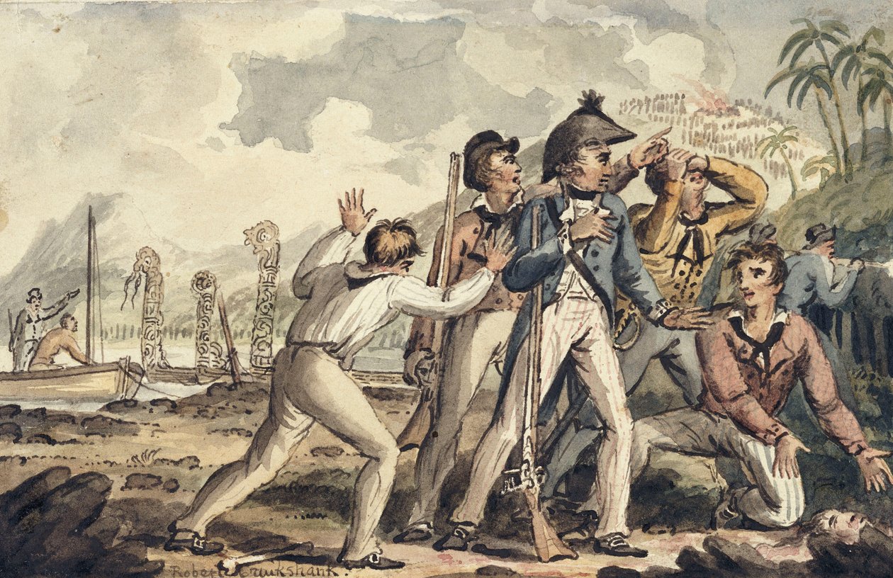 Kapitän Burney entdeckt seine ermordeten Schiffskameraden, aus den Reisen von Kapitän Cook von Isaac Robert Cruikshank