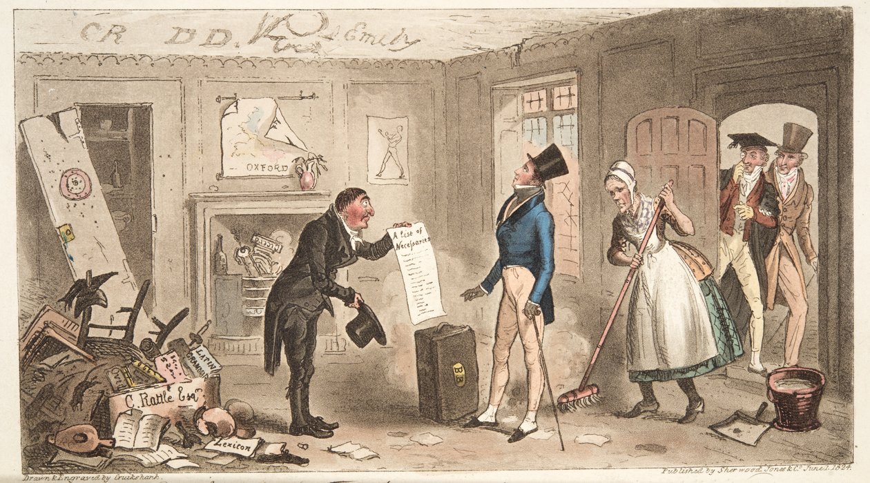 College-Komfort, ein Neuling bezieht seine Zimmer, aus The English Spy, veröffentlicht 1824 von Isaac Robert Cruikshank