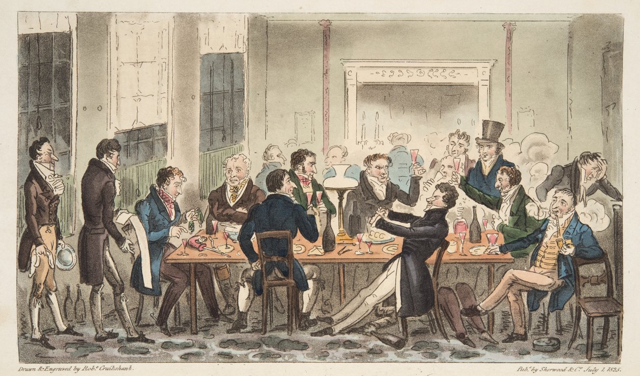 Abend und in guter Stimmung, eine Szene im Longs Hotel, Bond Street, aus The English Spy, veröffentlicht 1824 von Isaac Robert Cruikshank
