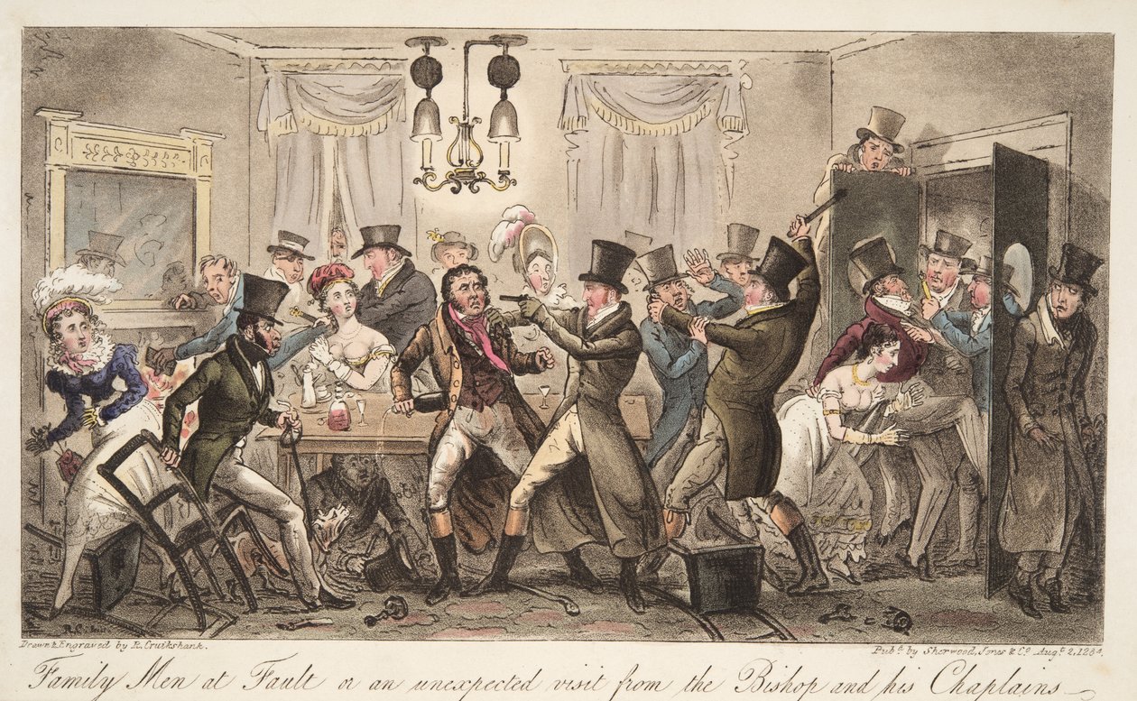Familienmänner im Fehler, oder ein unerwarteter Besuch vom Bischof und seinen Kaplänen, aus The English Spy, veröffentlicht 1824 von Isaac Robert Cruikshank