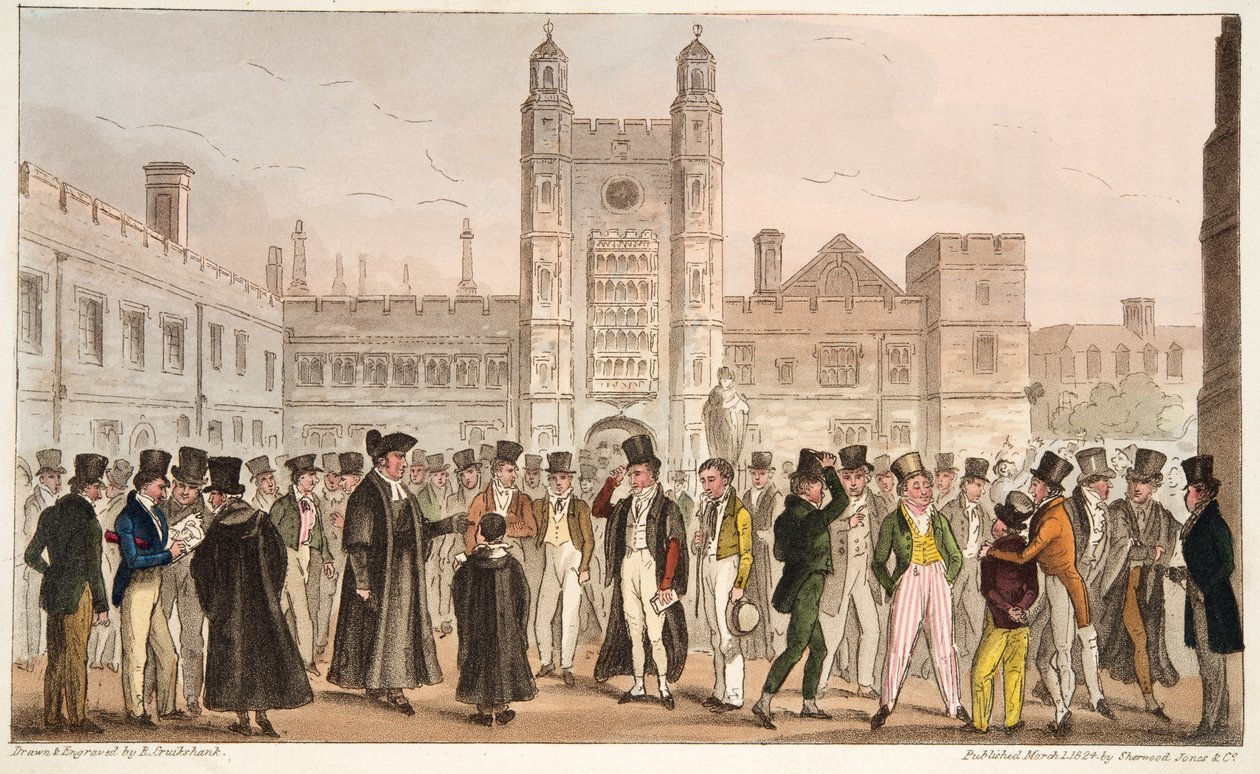 Erste Abwesenheit, oder Etonianer beantworten die Morgenrolle des Meisters, aus The English Spy, veröffentlicht 1824 von Isaac Robert Cruikshank