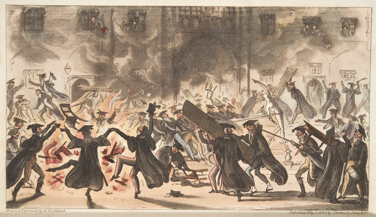 Der Boden von Merkur, oder das Verbrennen der Eichen, aus The English Spy, veröffentlicht 1824 von Isaac Robert Cruikshank