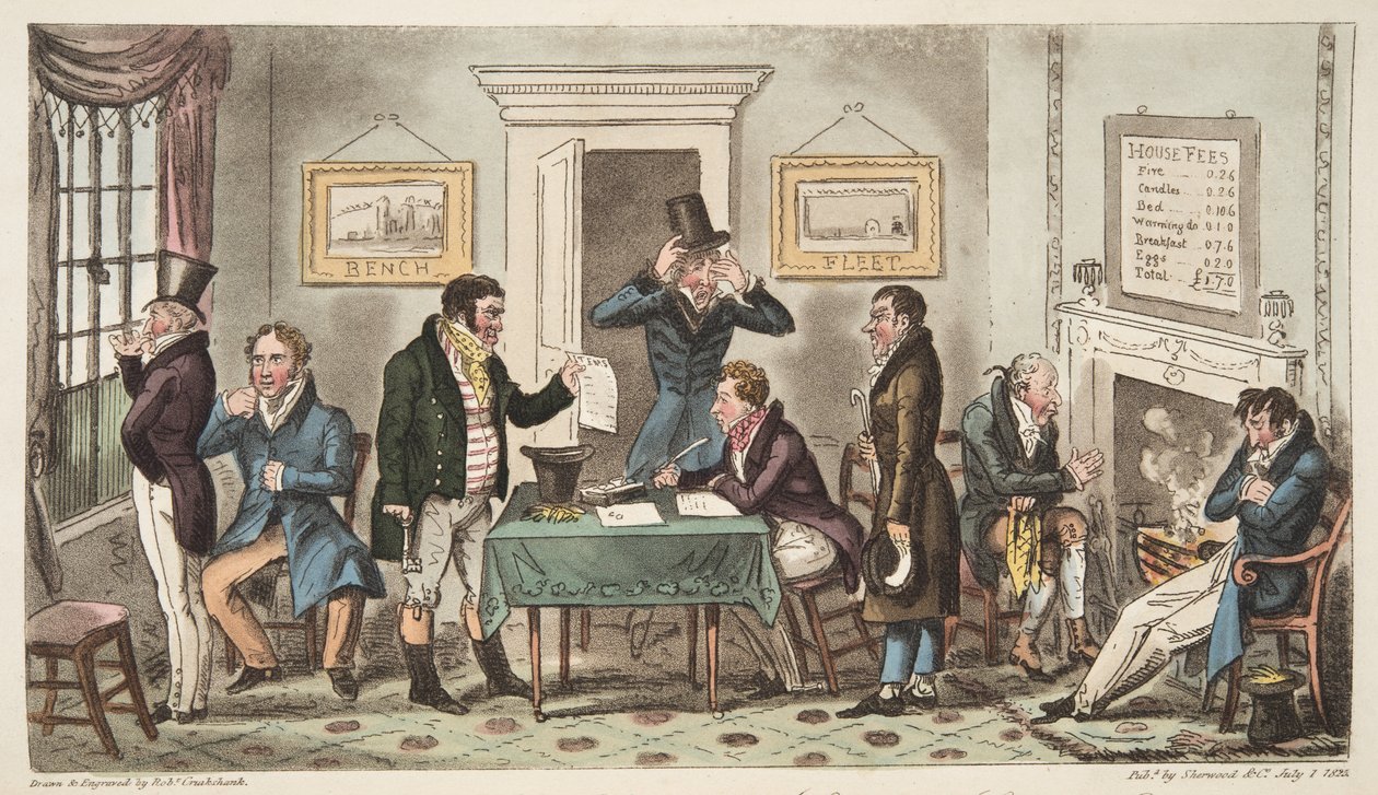 Morgen und in schlechter Stimmung, eine Szene in einem Spunging House, Carey Street, ein bisschen gute Wahrheit, aus The English Spy, veröffentlicht London, 1824 von Isaac Robert Cruikshank
