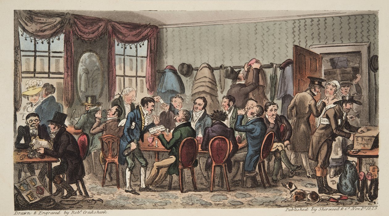 Das Bags, Herrenbankett im Bell Inn, Cheltenham, aus The English Spy, veröffentlicht 1824 von Isaac Robert Cruikshank