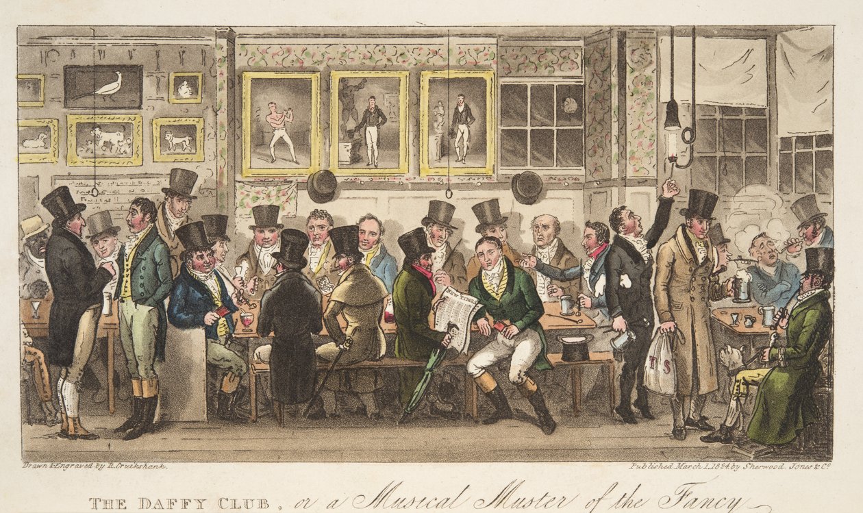 Der Daffy Club, oder ein musikalisches Treffen der Fantasie, aus The English Spy, veröffentlicht 1824 von Isaac Robert Cruikshank