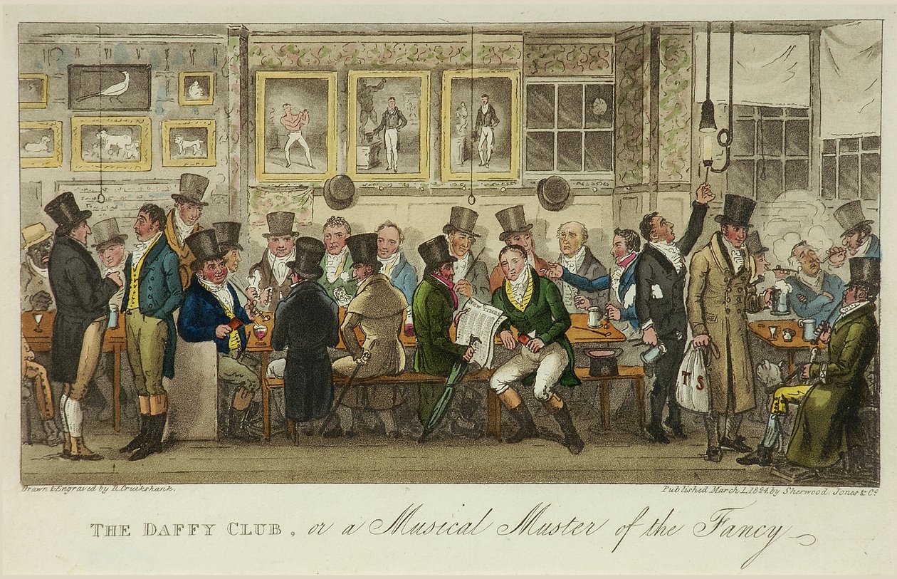 Der Daffy Club, oder ein musikalisches Treffen der Fancy, veröffentlicht 1824 von Isaac Robert Cruikshank