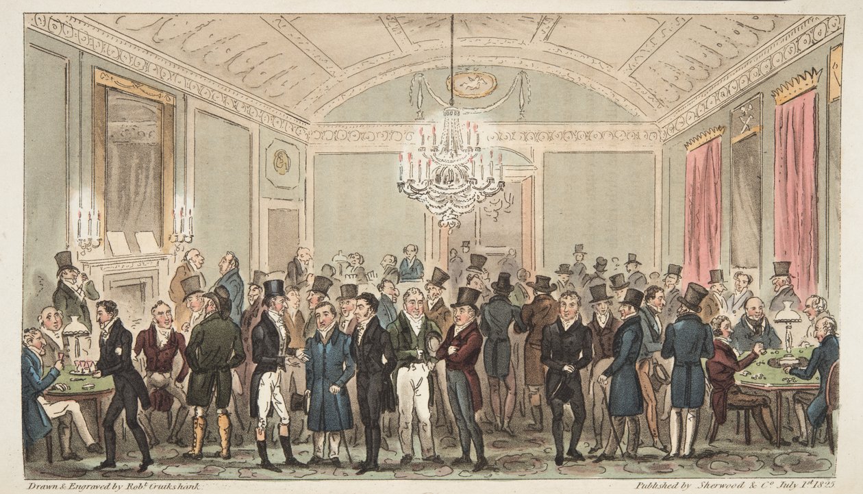 Der große Abonnementsraum bei Brookes, aus The English Spy, veröffentlicht 1824 von Isaac Robert Cruikshank